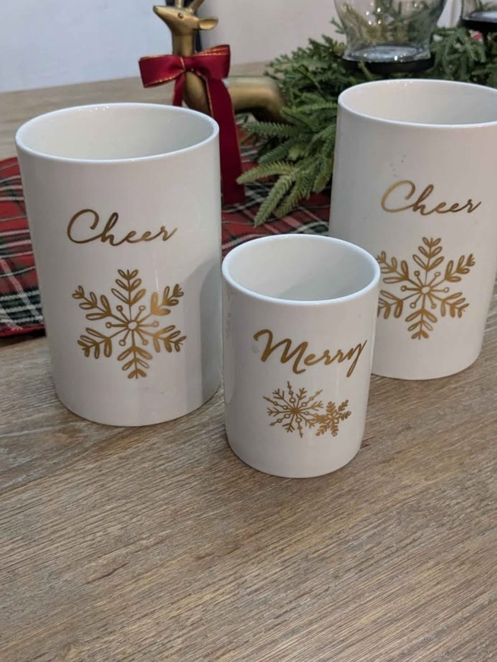 Cheer & Merry White Ceramic Holiday Candle Holders with Gold Snowflake Accent
